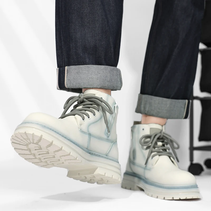 أحذية رجالية عالية الجودة، أحذية جلدية عتيقة عالية الجودة، أحذية رياضية عصرية للاستخدام الخارجي، أحذية كاحل مضادة للانزلاق برباط للرجال