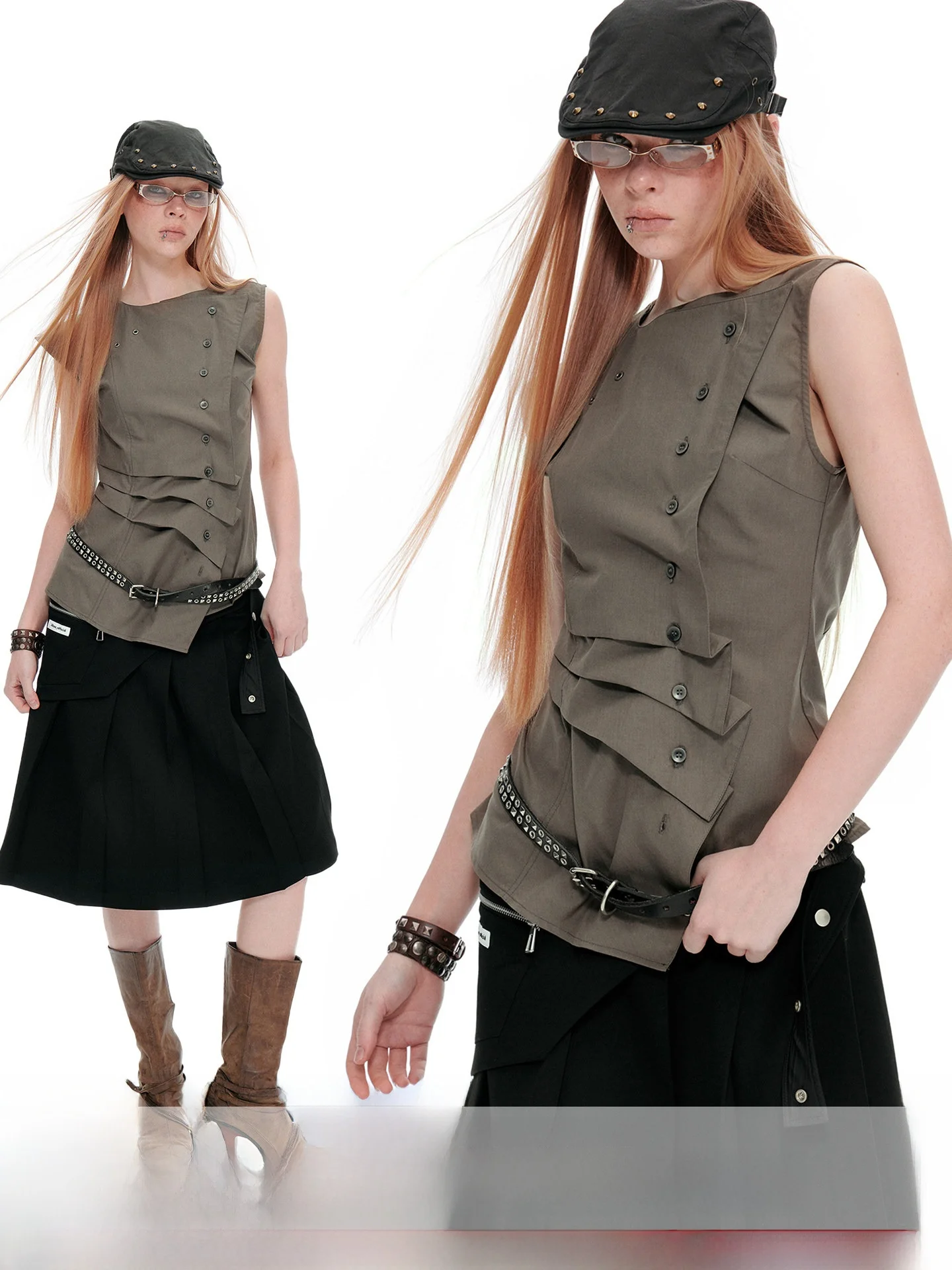 

JIKOO Design Slim Fit Shirt No Sleeve Pleated Waist Cinch Asymmetrical Summer Breathable Comfortable Women's Casual Top