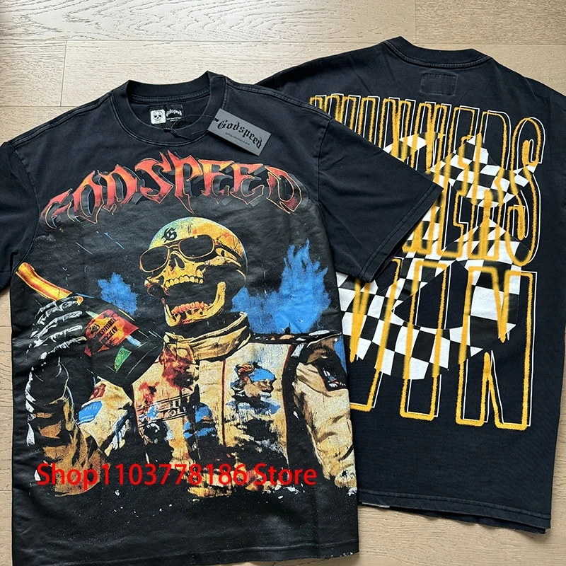 Summer Godspeed Short Sleeve 2025 Hot Sell New Tee Tops American High Street Retro Skull Harajuku Style T-shirt Real Picture