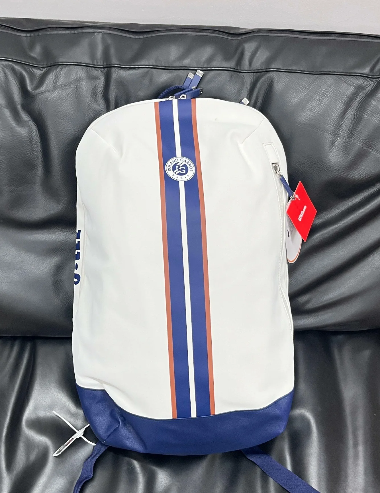 Wilson Super Tour Roland Garros 2023 Tennis Backpack Design Elegance Navy Tournament Racket Bag with Partial Racquet Compartment