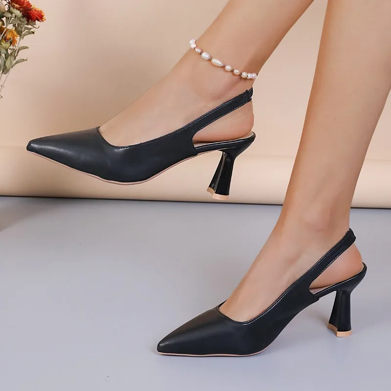 Sapatos de salto médio simples para mulheres, dedo apontado sexy, slingback, vestido elegante, salto alto, bombas monocromáticas, moda, novo, 2024