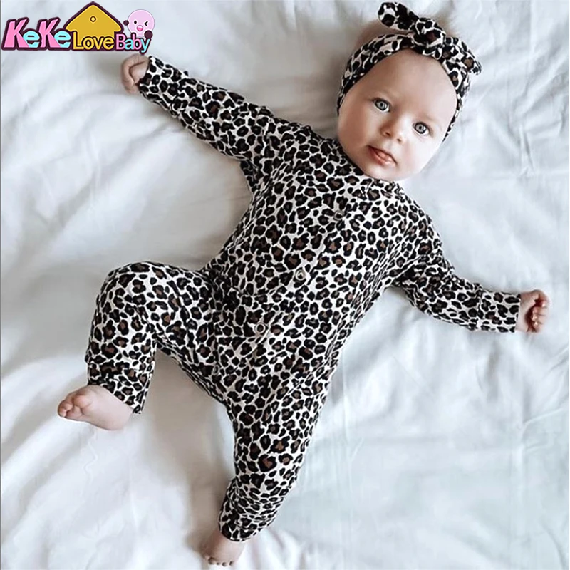 2Pcs Newborn Baby Girls Romper Leopard Print Spring Autumn Long Sleeve Jumpsuit Headband Infant Girl Clothing Toddler Clothes