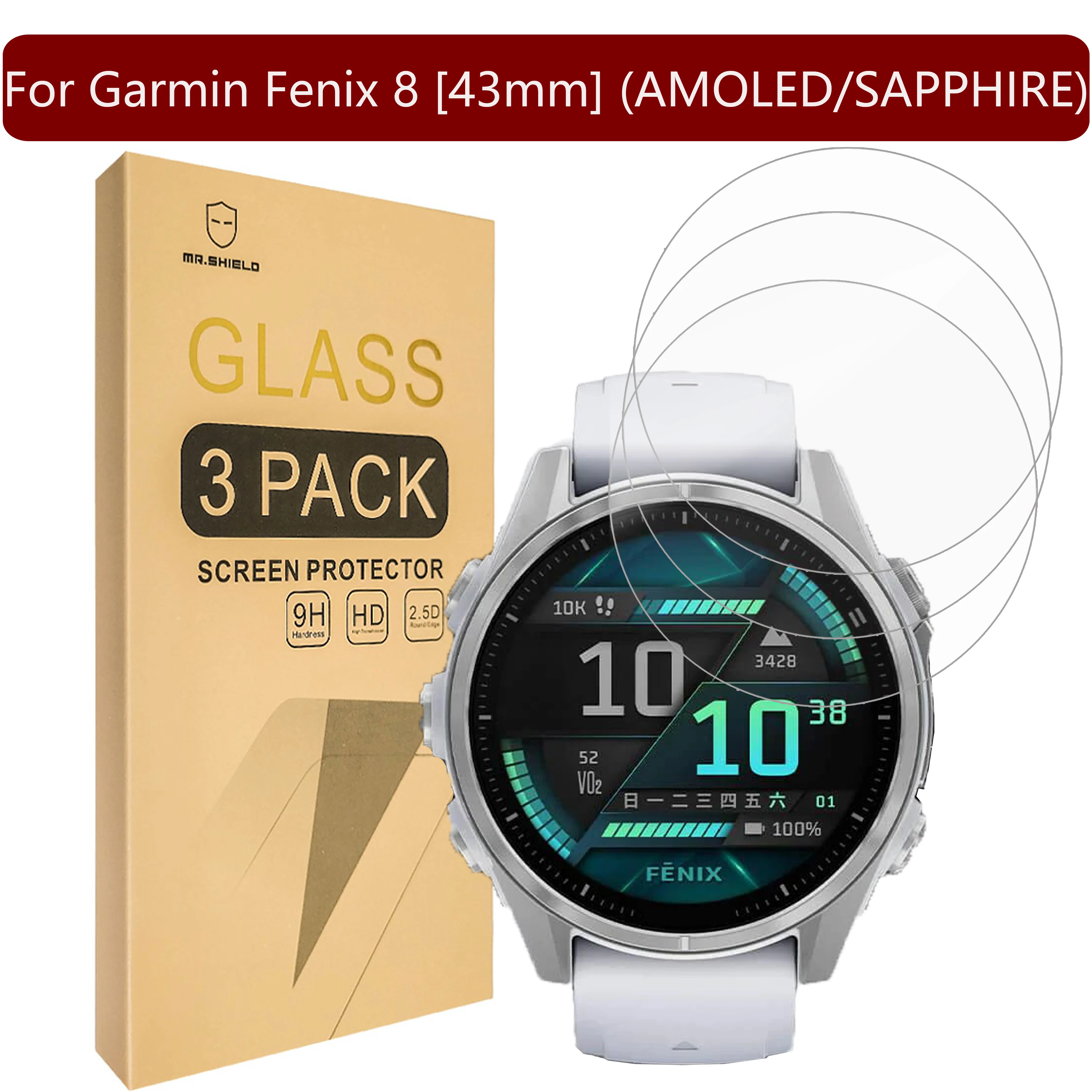 Mr.Shield Screen Protector compatible with Garmin Fenix 8 [43mm] (AMOLED/SAPPHIRE) [Tempered Glass] [3-PACK] [9H Hardness]