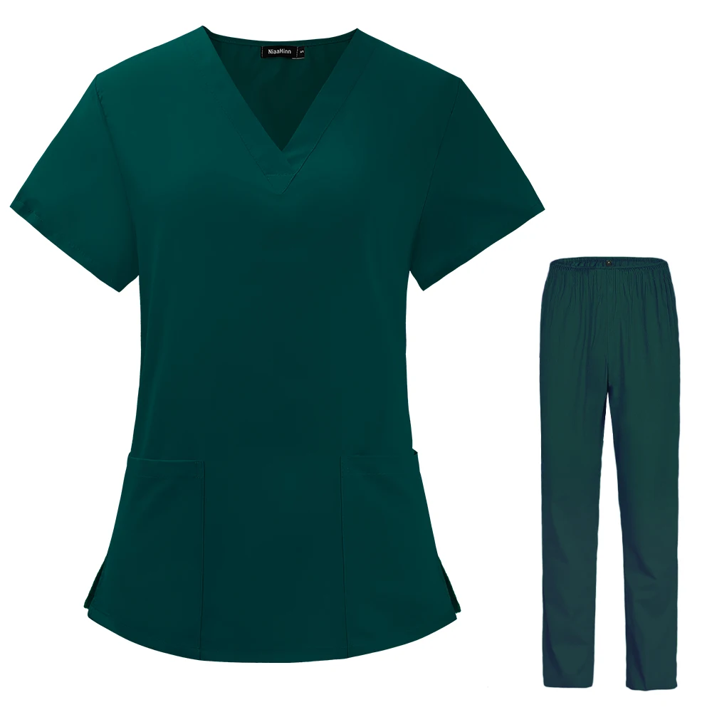 Vrouwen Korte Mouwen V-hals Effen Kleur Verpleging Werk Scrub Uniform Pak Kliniek Verpleegster Uniform Beschermende Kleding Zorg Werknemer lab