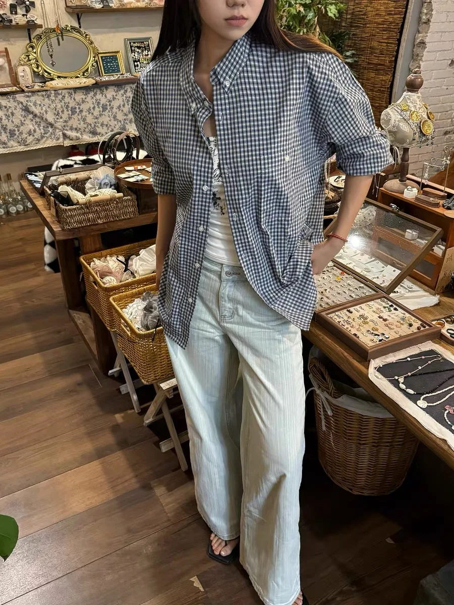 

American Retro Blue Plaid Long Sve Casual Loose Men's irt Korean Sle Autumn Wear Versatile Breathable Polyester Fiber