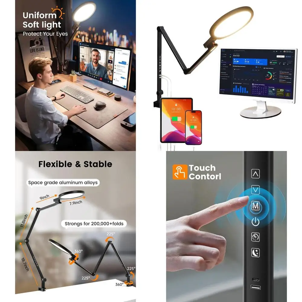 

Adjustable Eye-Care Desk Lamp with USB Ports, 1200LM 5-Color Temperature Adjustable Swing Arm Light for Home and Office Use