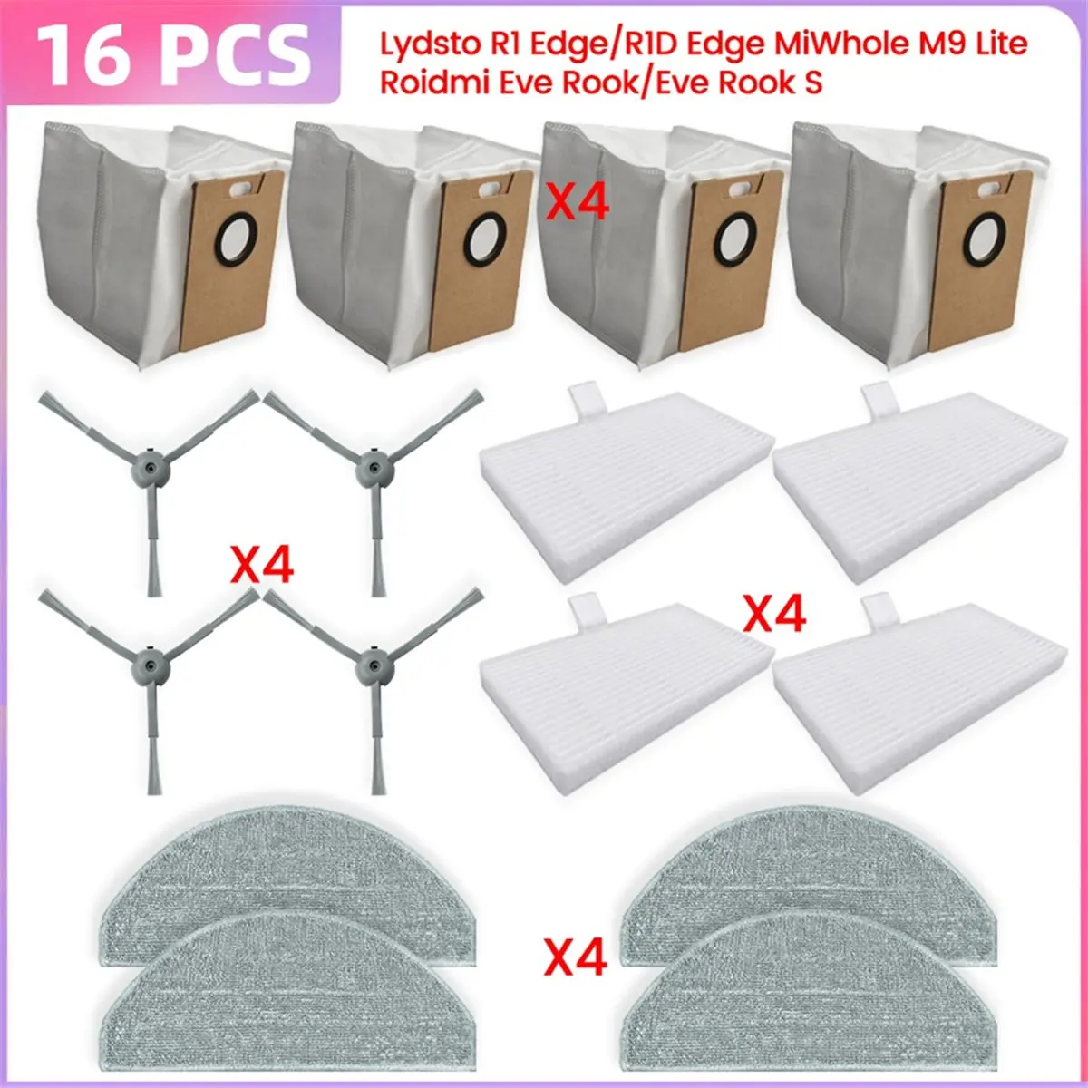A50T-For R1 Edge/R1D Edge, MiWhole M9 Lite, Eve /Eve S Parts Dust Bag Hepa Filter Dust Bag Side Brush