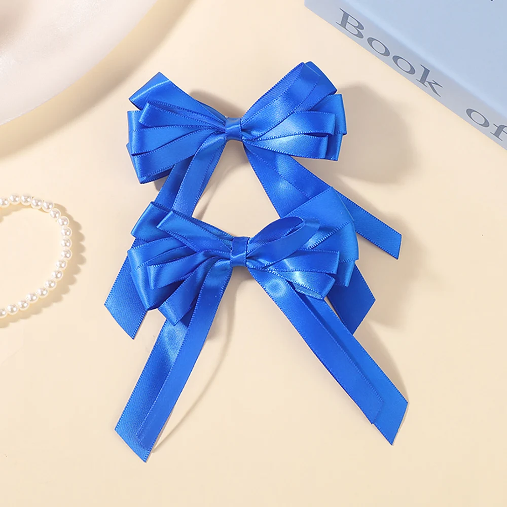 2 Stück königsblaue Satin-Haarschleifen mit langem Schleifenband, Haarspangen für Mädchen und Frauen, Schuluniform-Haaraccessoires