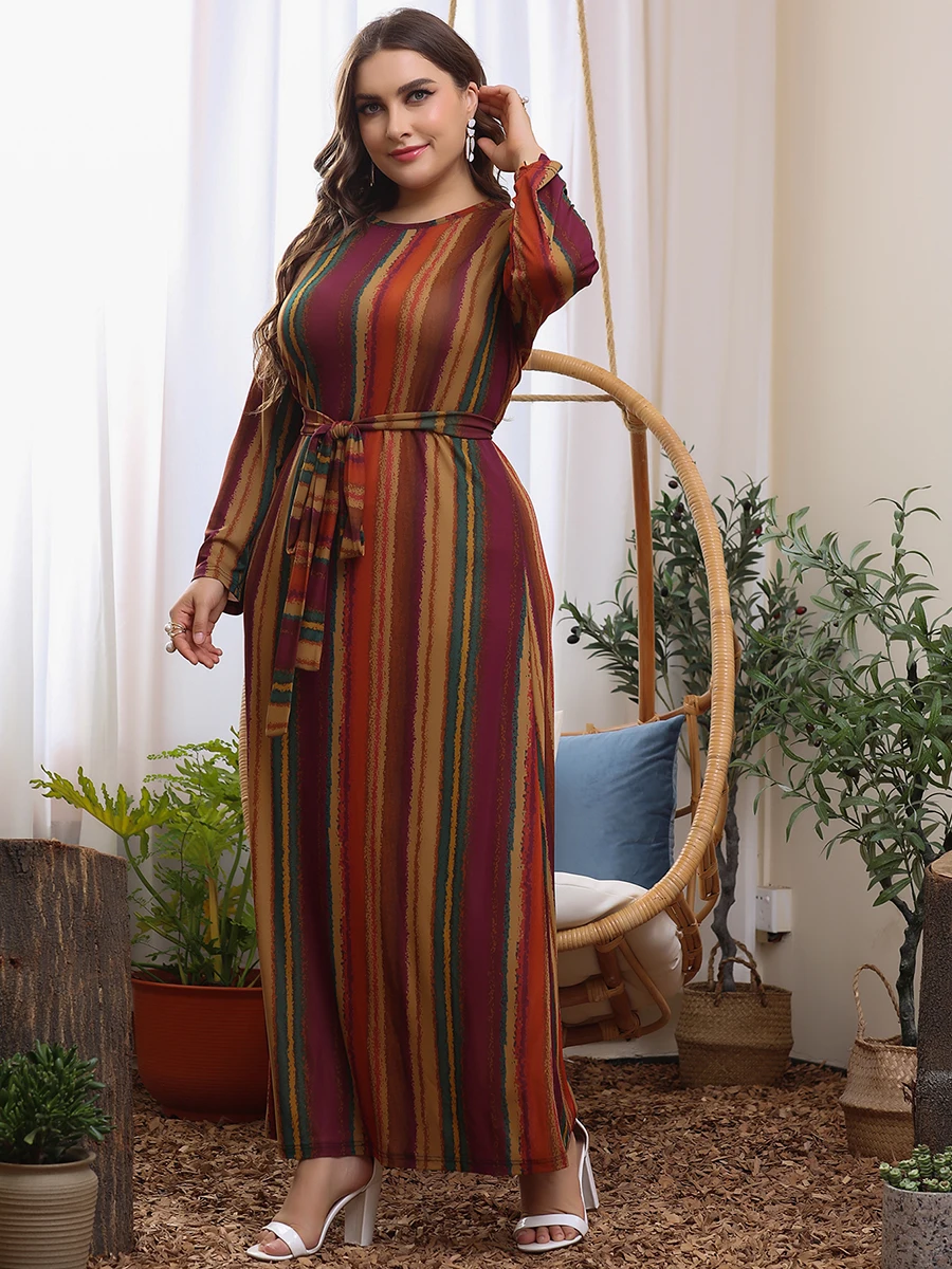 2024 Autumn Winter Long Sleeve Dress Woman Striped Print Loose Oversized Maxi Long Dress Plus Size Women Clothing