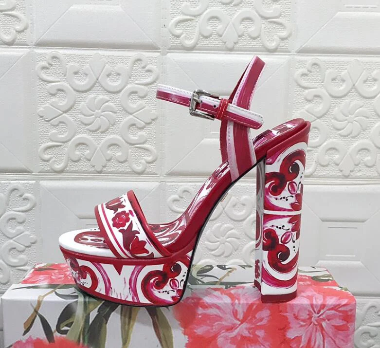 Chunky Heel Platform Printing Flower Women Summer Sandal Shoes Ankle Strap Genuine Leather Luxury 2023 New Designer Shoe