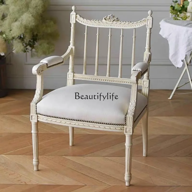 

French vintage solid wood carved dining chair, American country distressed single back book chair