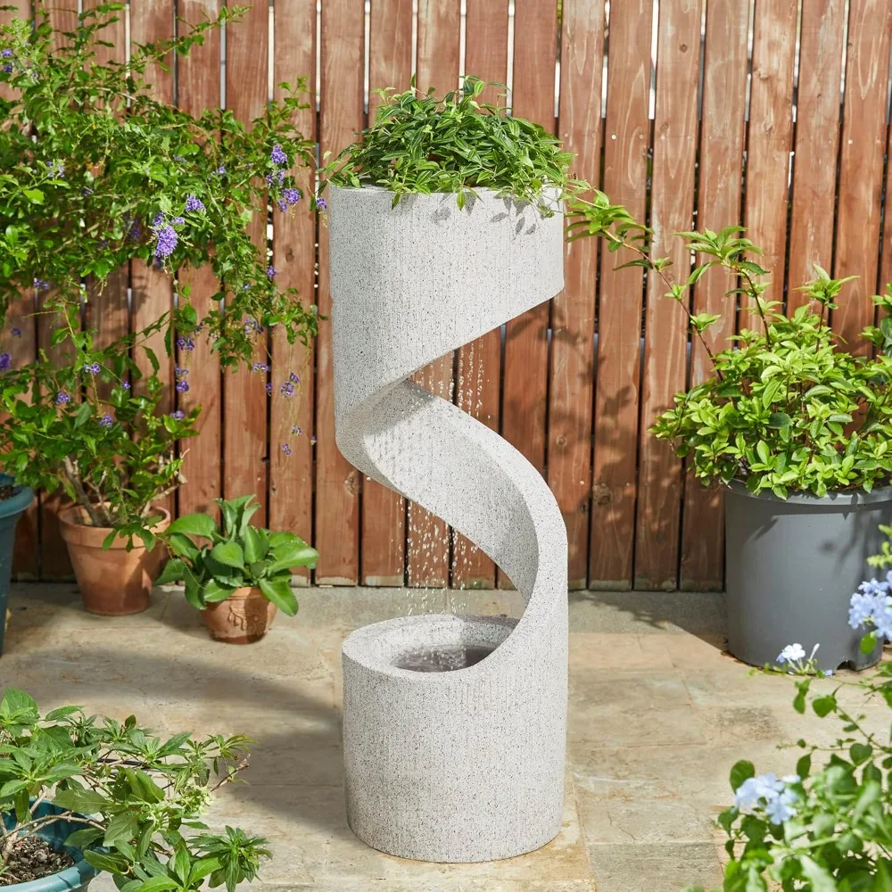 Decorative Tiered Outdoor Water Fountain with Light Vintage Curved Waterfall Fountain with Stone Planter Rustic Faux