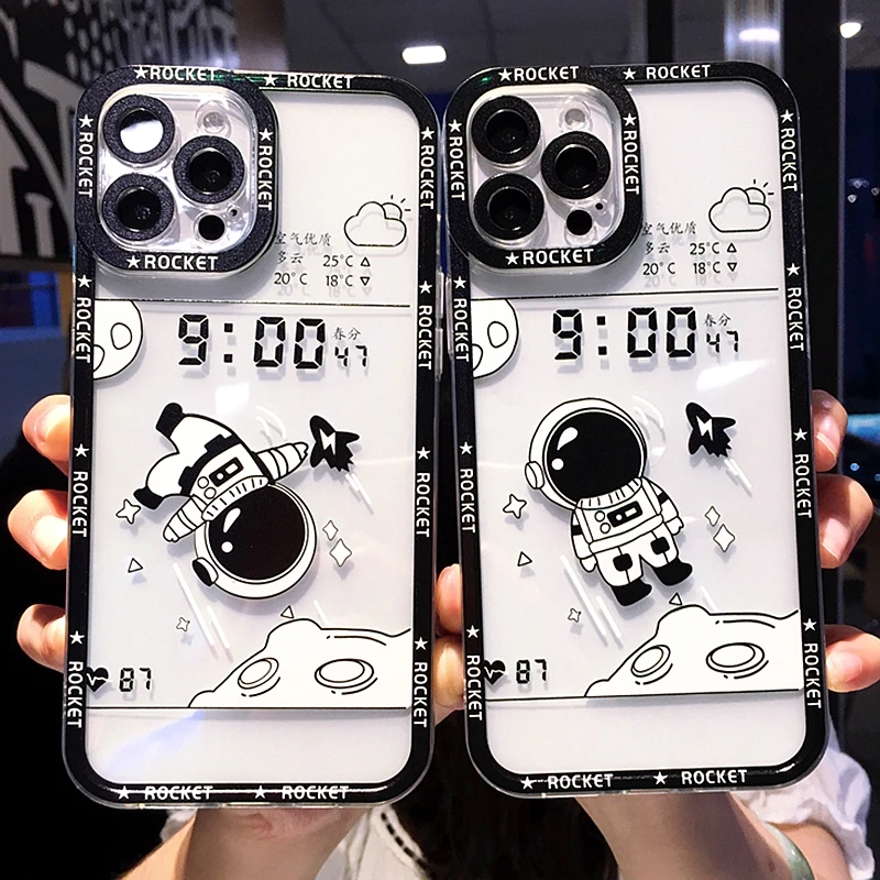 Cartoon Transparent Astronaut Phone Case For iPhone 11 12 13 14 Pro Max XS X XR 7 8 Plus SE 2020 Cute Bumper Back Cover