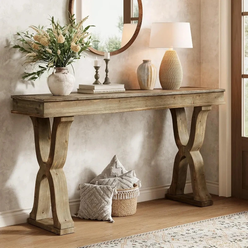 

63in Solid Wood Console Table X-Legs Narrow Entryway Sofa Hallway Foyer Easy Assembly Anti-Tip Kit