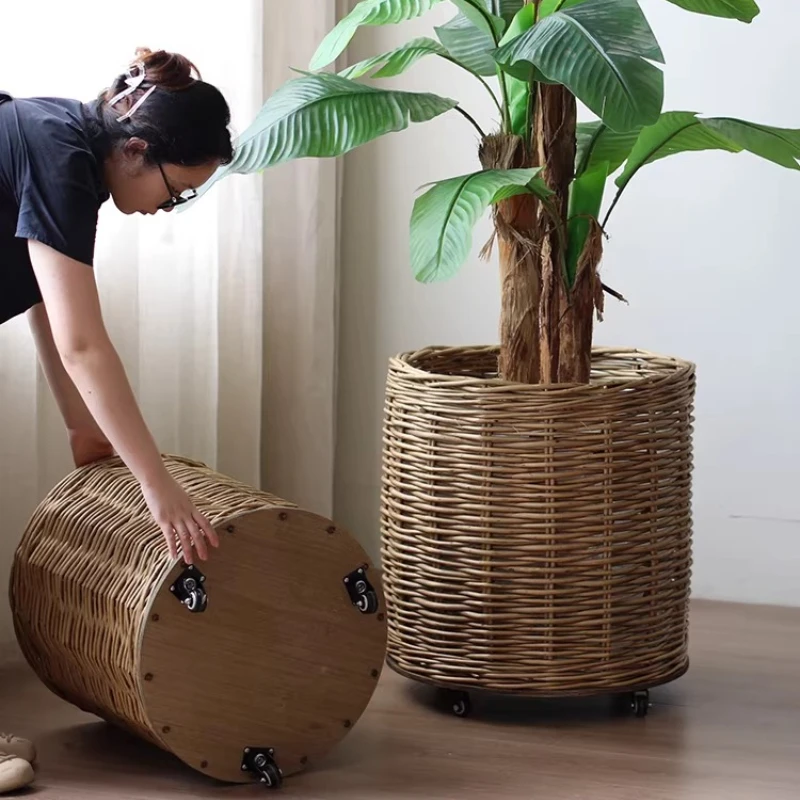 Large Natural Wicker Plant Basket with Wheels Mobile Garden Pot Holder Rustic Decorative Trolley Clothing Store Display Planter