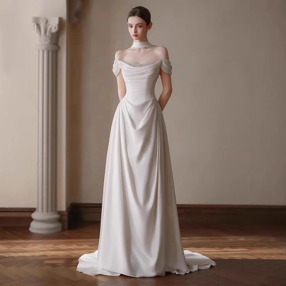 맞춤형 새틴 웨딩 드레스 여성용 스윕 기장 비즈 장식 프롬 이브닝 드레스 우아한 정장 파티 드레스
