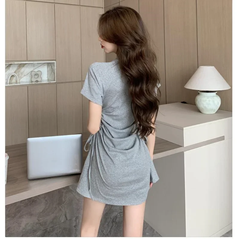 Chinese Style Summer Women's Graceful Mini T Shirts Dress Lady Vintage Print Letter Short Sleeve Shirring Dresses New Clothing