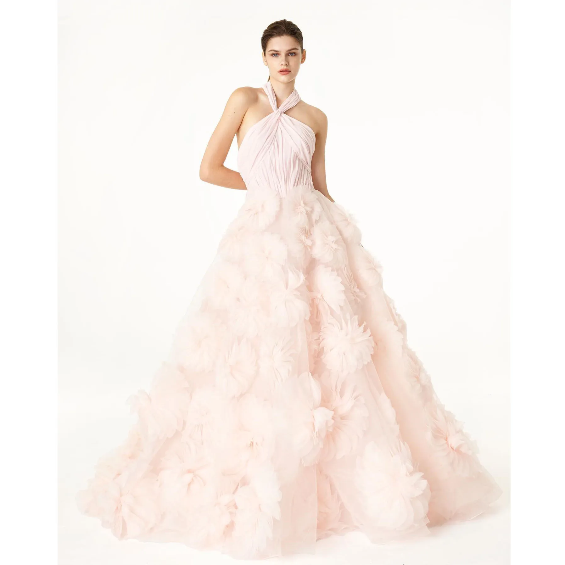 Unique Handmade Tulle Ball Flowers Prom Gown Halter Long Evening Party Dresses Light Pink vestidos de fiesta Floral Formal Dress