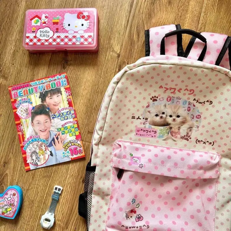 

Cute Kawaii Contrast Color Sweet Cat Dot Backpacks Y2k Vintage Patchwork Preppy Schoolbags High-Capacity Students Bags For Women