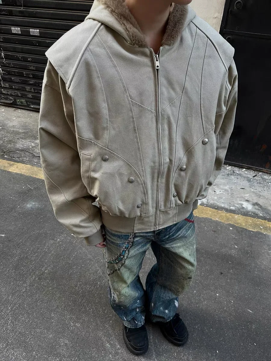 

Куртка с капюшоном в американском стиле ретро, тяжелое пальто Fce ex, осенне-зимнее повседневное свободное теплое хлопковое пальто для мужчин и женщин