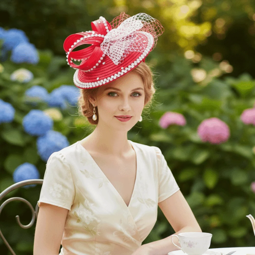 Rhinestone Studded Fascinator Hat Satin Ribbon Bowknot Design Birdcage Veil Headpiece Pre-Shaped Layered Flower Derby Fascinator
