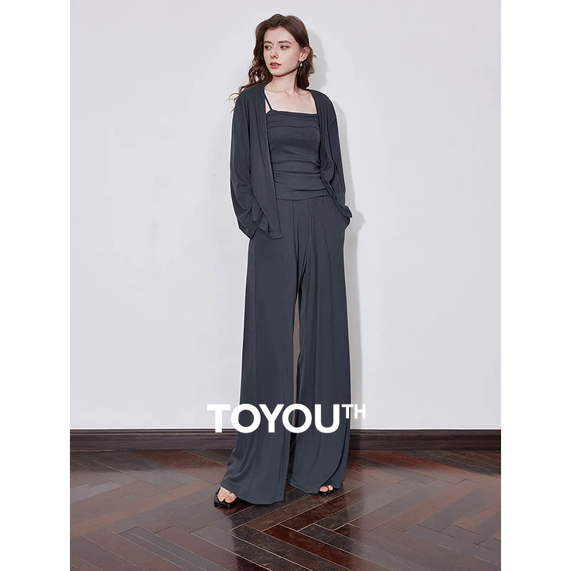 TOYOUTH Women Set 2025 Spring New Lazy Style Strap Bottom Cardigan Wide Leg Pants Relaxing Fashion Sets