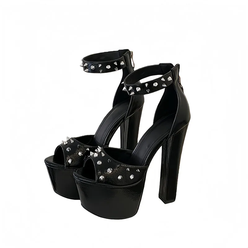 

Black Heeled Sandals 16cm Chunky Shoes For Ladies Rivet Platform Sandals Sexy Extreme High Heels Stripper Shoes Woman Summer