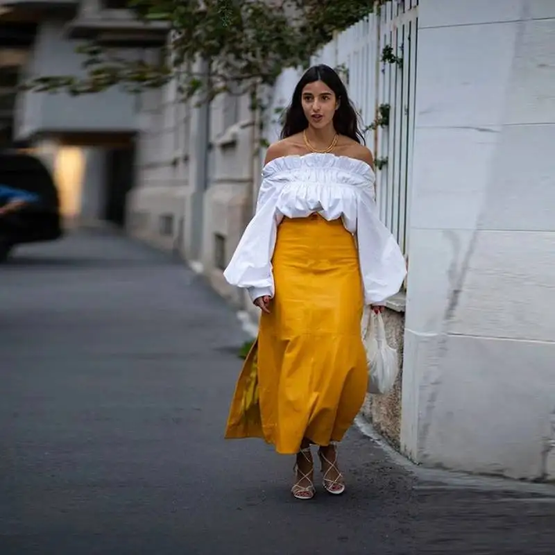 Street Fashion Maxi Skirt Lemon Yellow Womens Skirts Saia Custom Made Saias feminina Straight Long Skirt Split Ankle Length