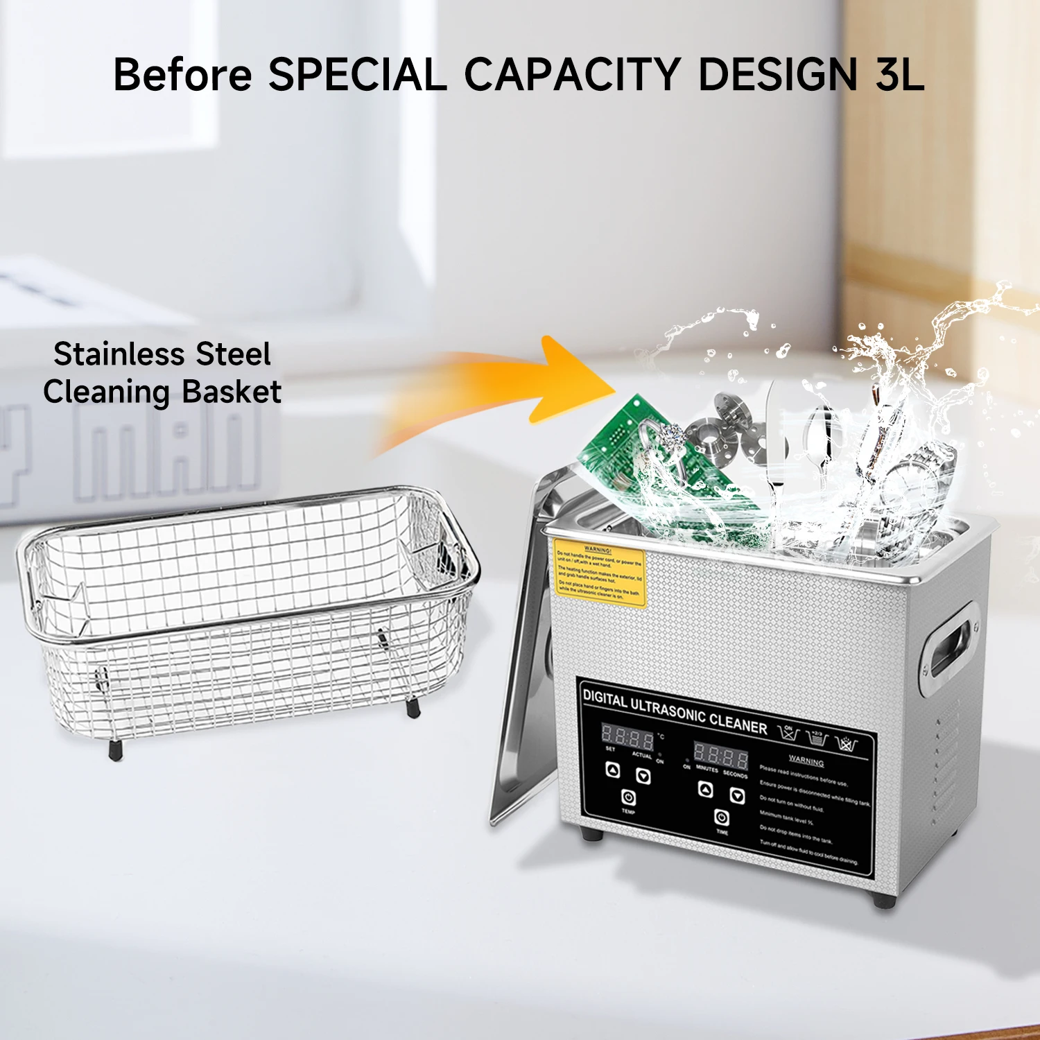 2L/3L Ultrasonic Cleaner Stainless Steel Large Capacity Ultrasonic Cleaner for Metal Parts Jewelry Degreasing and Rust Removal