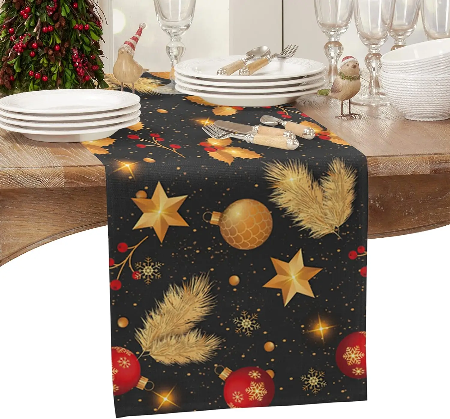 

Christmas Pine Ball Berries Linen Table Runners Dresser Scarves Table Decor Washable Dining Table Runners Christmas Decorations