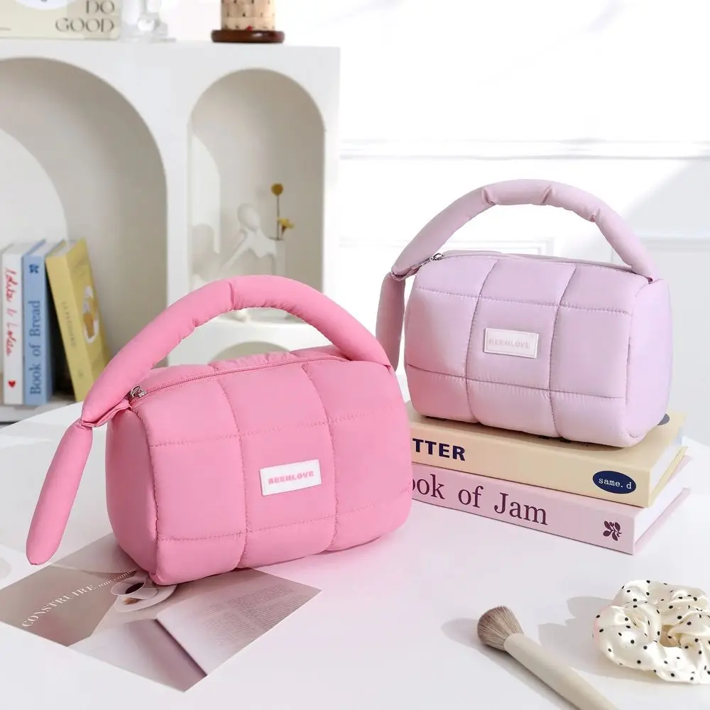 Fashion Solid Color Puffy Makeup Bag Large Capacity Zipper Travel Quilted Toiletry Bag Handbag Nylon Cosmetic Storage Bag