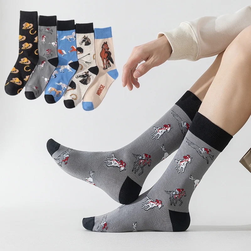

5 Pairs Men's Funny Cartoon Horse Design mid Tube Socks Comfortable Cotton Compression Stockings for Men