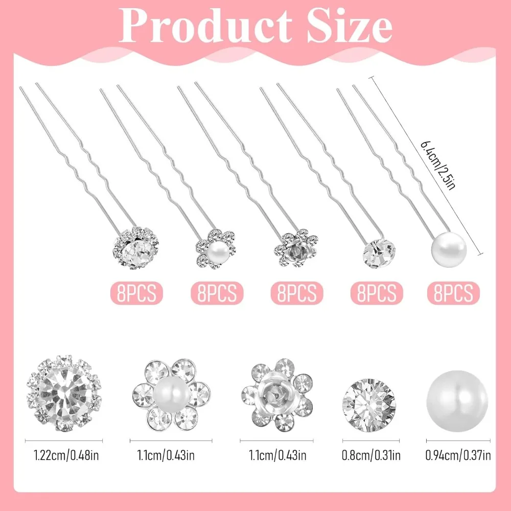 40 Pcs Pearl and Rhinestone Bridal Hair Pins, Wedding Pearl Hair Pins U Shape Rhinestone Flower Hairpins Silver Hairs Jewelry
