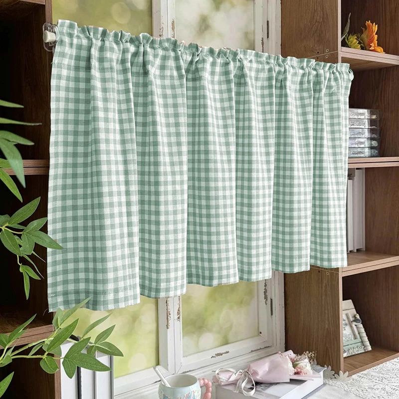 Cortina corta de tela a cuadros de estilo fresco adecuada para gabinetes, salas de estar, cocinas, ventanas, decoración diaria del hogar, 1/2 Uds.