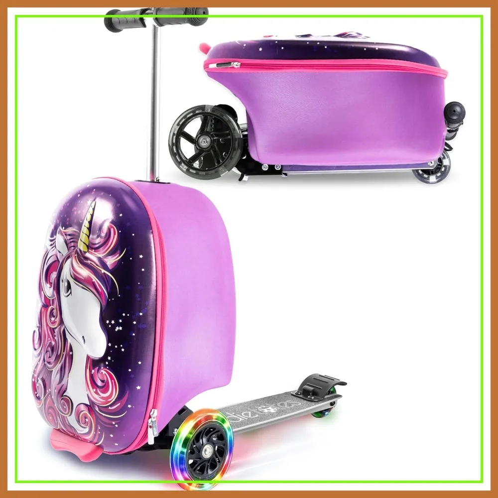 

Ride-On Scooter Suitcase for Kids – Hardside Lightweight Carry-On with Foldable Scooter, LED Wheels, Travel Fun