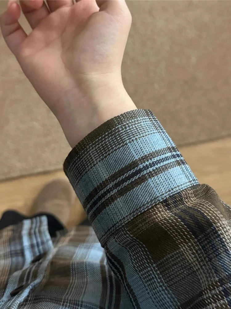 Retro Amerikaans geverfd blauw bruin geruit lang Sve irt casual veelzijdige bovenkleding voor heren herfstseizoen high-end gevoel versleten...