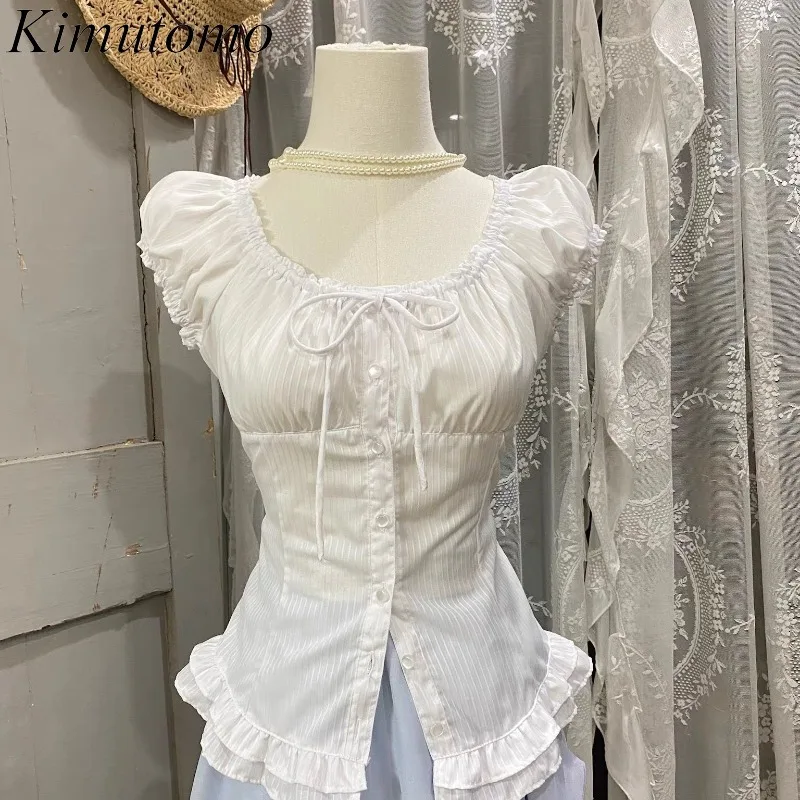 

Kimutomo Shirts Women Vintage Drawstring Bandage Bow Short Sleeve Spring Summer Fashion Sweet Elegant Y2k Harajuku Blouse