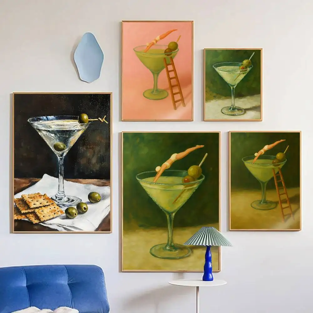 Diver Martini Glass Poster Self-adhesive Art Room Entrance Restaurant Wall Decor Art Painting