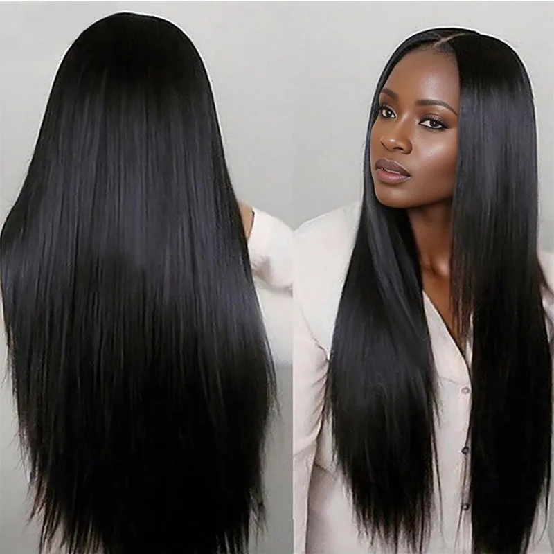 Woman Africa Long Straight Hair Stage Perform Accessories Black Long Hair Lady Daily Match Headwear Center Parted Bangs Wig