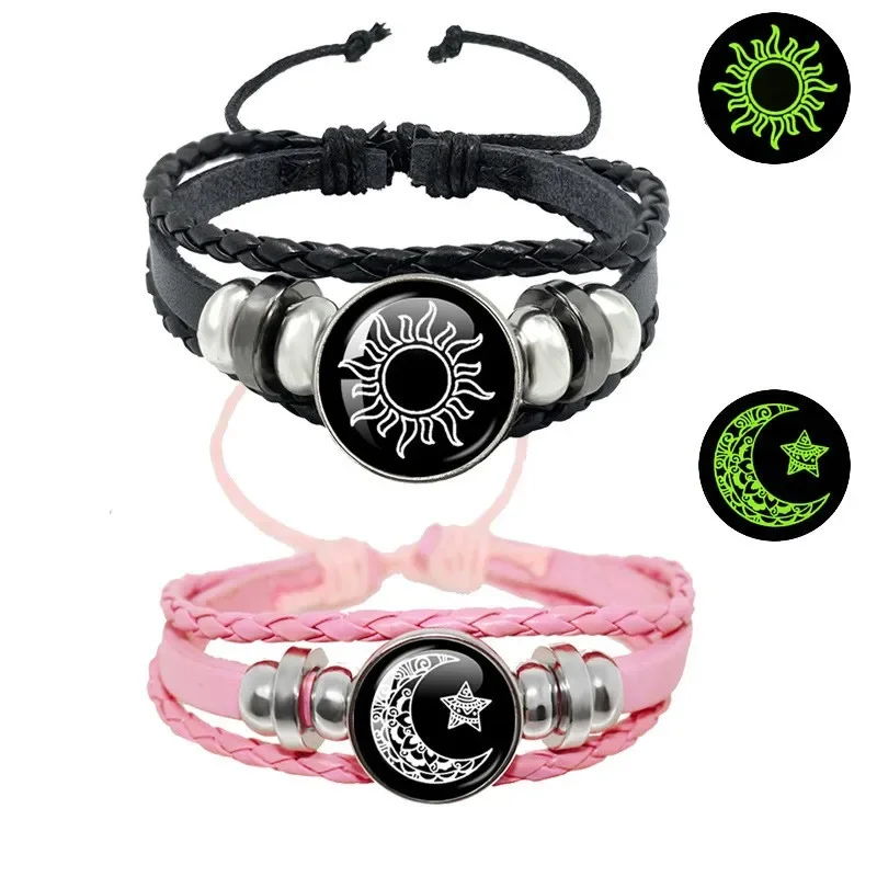 

2pcs/set Sun and Moon Lovers Leather Bracelet Punk Multi-Layered Beaded Braided Adjustable Bracelet Set For Couple Jewelry