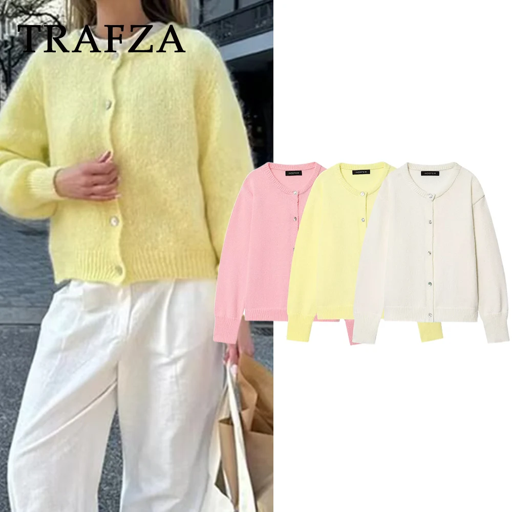 

TRAFZA Chic Yellow Y2K Casual 2025 Knit Women Sweaters Sweet O-Neck Knitwear Button Student Streetwear Elegant Female Outwear