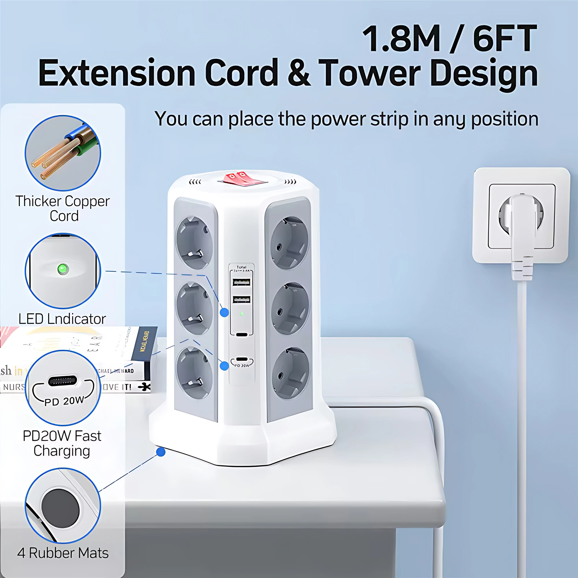 Tower Power Strip Multi Electric Socket 12 Outlets 4USB Ports Vertical EU 5.9FT Extension Surge Protection PD 20W Fast Charging