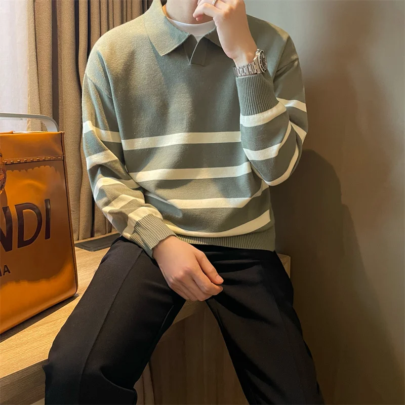 

Autumn Simple Lapel Striped Sweater For Men Casual Vintage Korean Fashion Knitwear Top New Y2K Loose Knitted Pullover Jumper