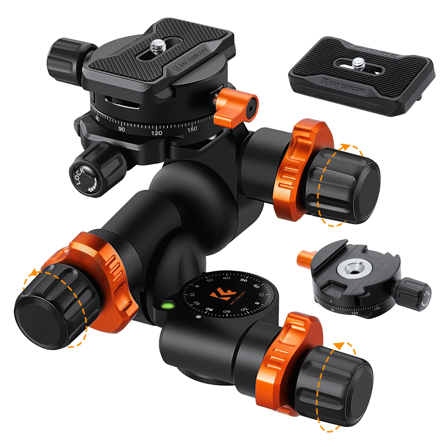 Cabeça de tripé com engrenagem K&F CONCEPT 360 ° Esfera panorâmica de 3 vias com placa de liberação rápida com suporte de carga de 6 kg para tiro macro estrela