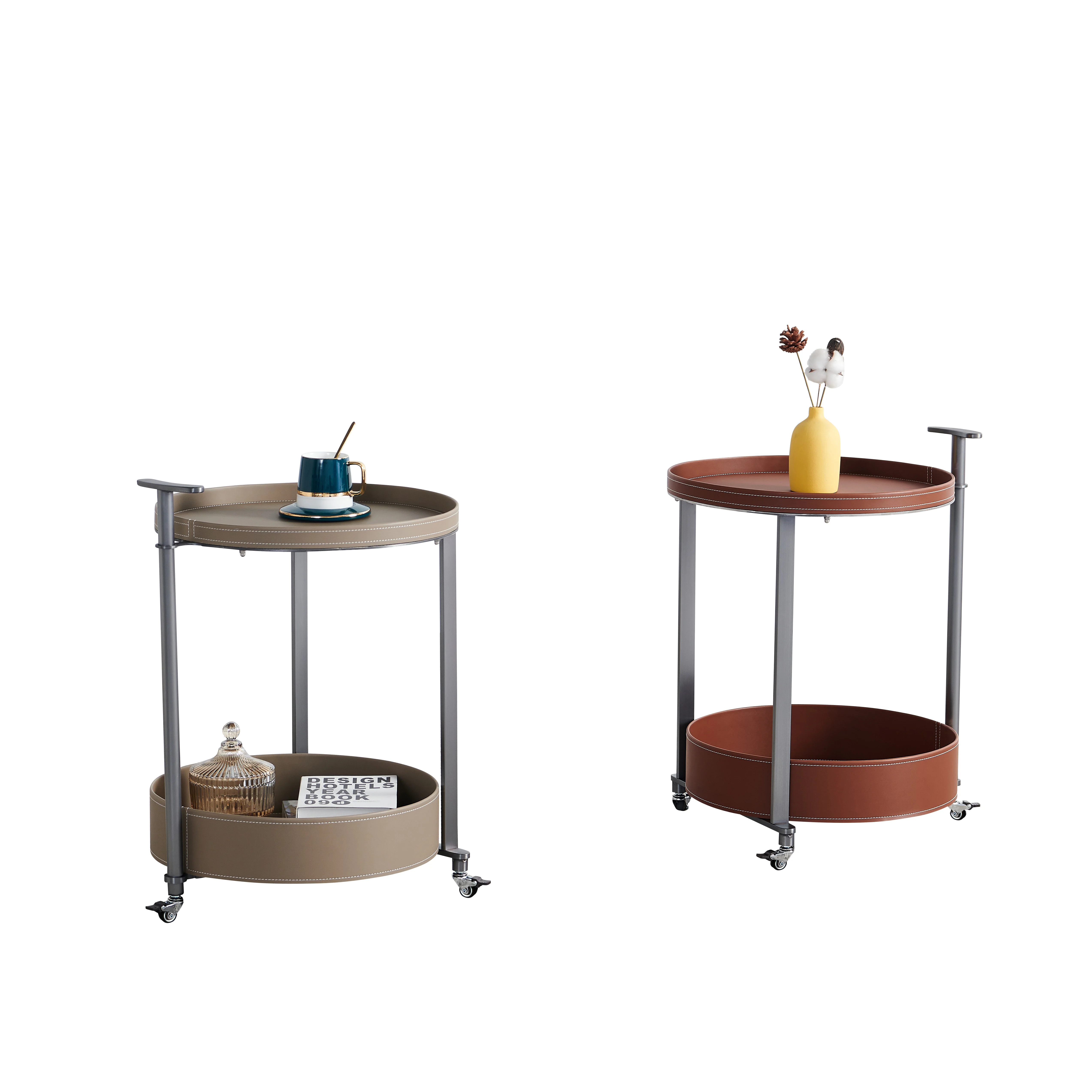 # Modern Saddle Leather Wheeled Side Table - Aluminum Frame Mobile Coffee Table/Nightstand for Living Room & Bedroom Furniture
