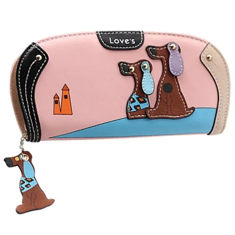 Ladies Zipper Long Wallet Large Capacity PU Leather Dog Pattern Contrasting Color Fashion Retro Clutch Waterproof Purse