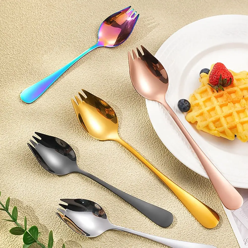 2 in 1 Salad Spoon Fork Long Handle Stainless Steel Spork Dessert Spoons Dishwasher Tableware 5 Colors Dessert Spoon