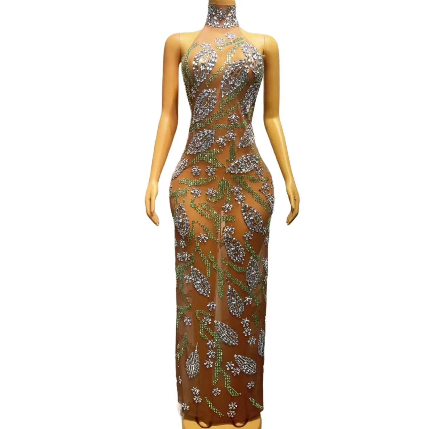 

Sparkly Silvery Crystals Mesh Transparent Long Dress Women Celebrate Wedding Evening Prom Birthday Dress Singer Sexy Stage Wear