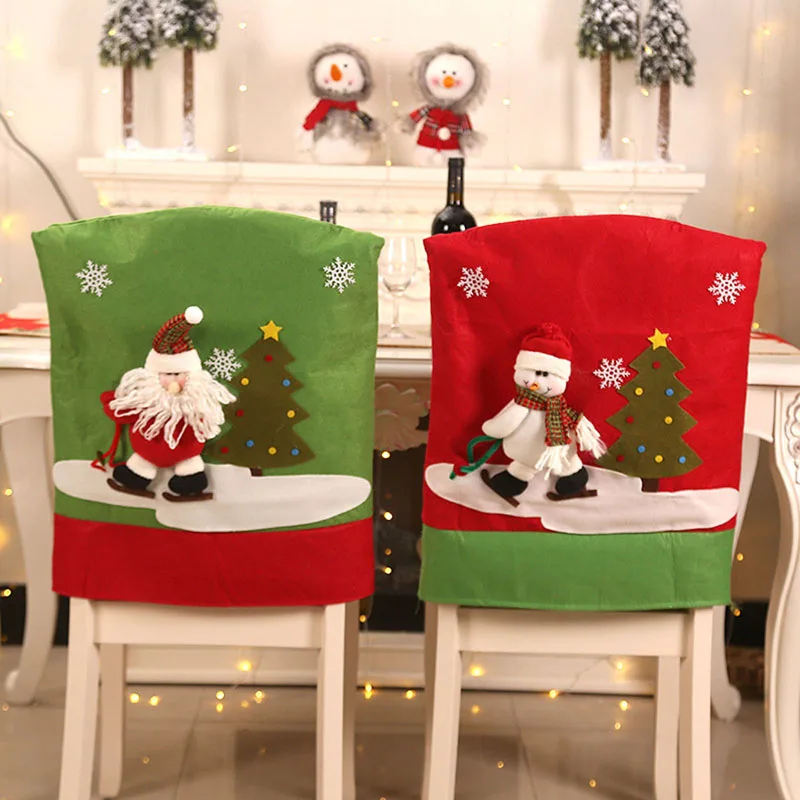 Christmas Chair Covers Winter Warm Santa Snowman Reindeer Chair Back Covers Soft Dining Chair Caps for Home