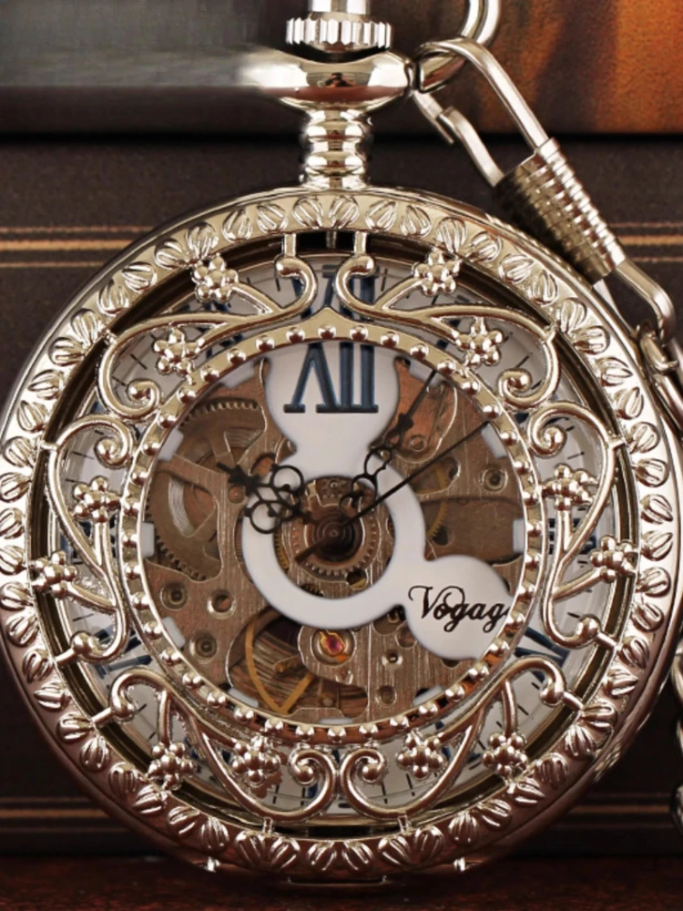 全自動機械式懐中時計レトロノスタルジックなフリップ中空メタルシェルネックレスウォッチ